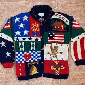 VTG Eagles Eye Cottage Cardigan Sweater Shetland Wool Large Chunky Hand Knit 90s